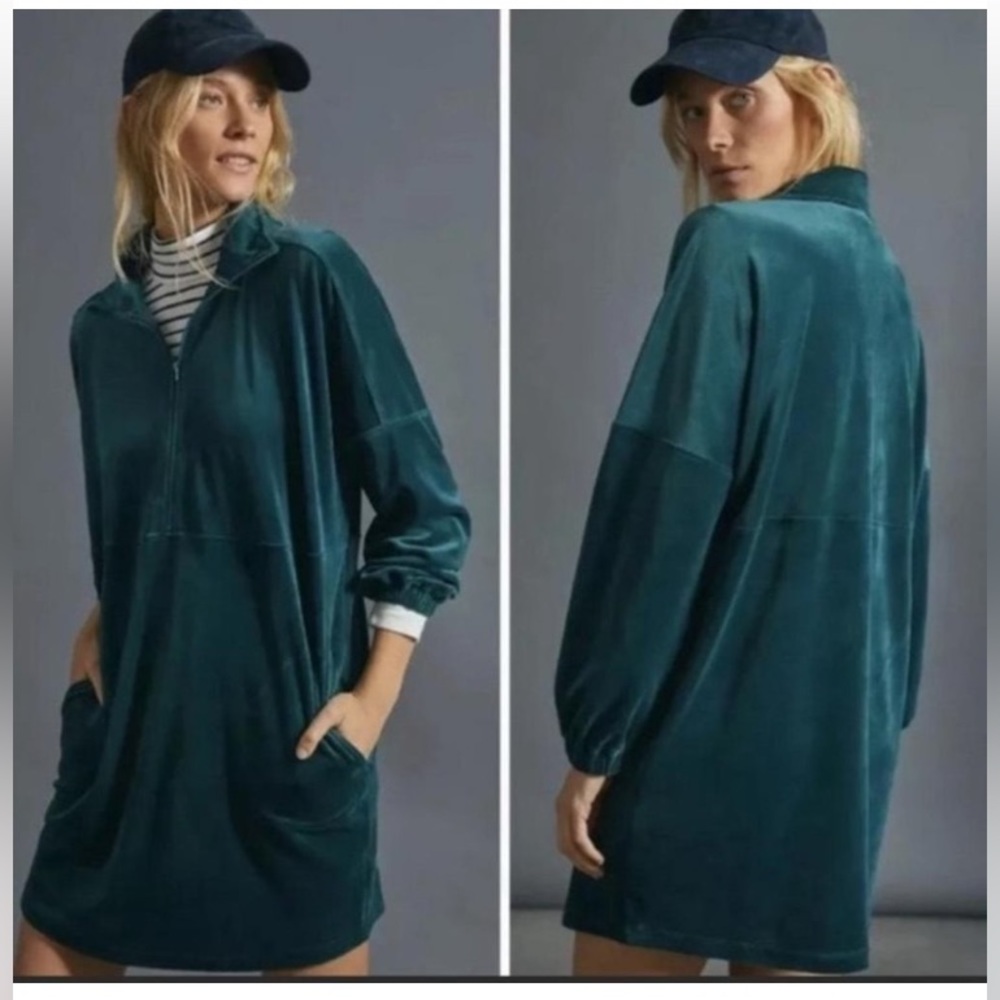 *Anthropologie Saturday Sunday Emerald Green Rosalind Velour XS Tunic Dress #Br